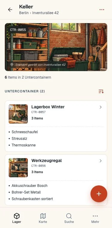 Actual meinInventar app showing a container and its contents in the current German interface